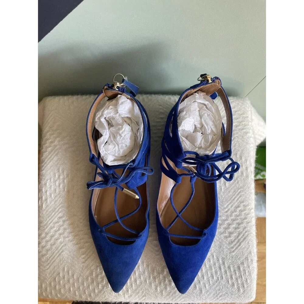 Aquazzura Cobalt Blue Suede Belgravia Pointed Toe Lace-Up Flats, Size 37, EUC
